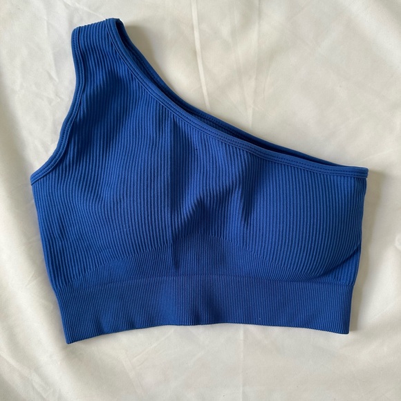 Blue One-Shoulder Ribbed Top - Picture 1 of 2